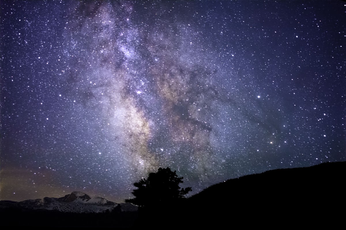 The Milky Way arcing across a dark night sky above a silhouetted treeline.