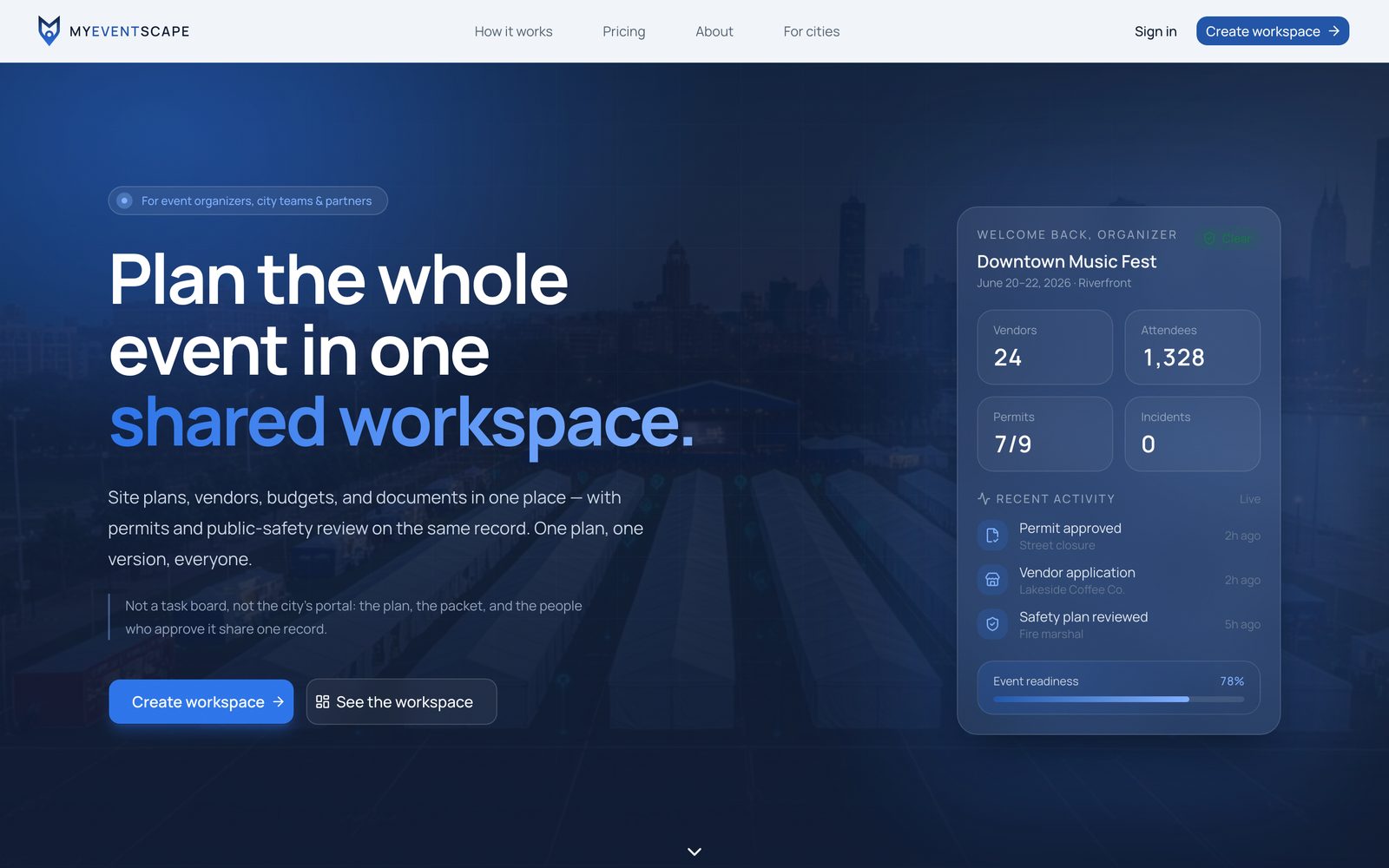 The MyEventScape homepage — “Plan the whole event in one shared workspace”