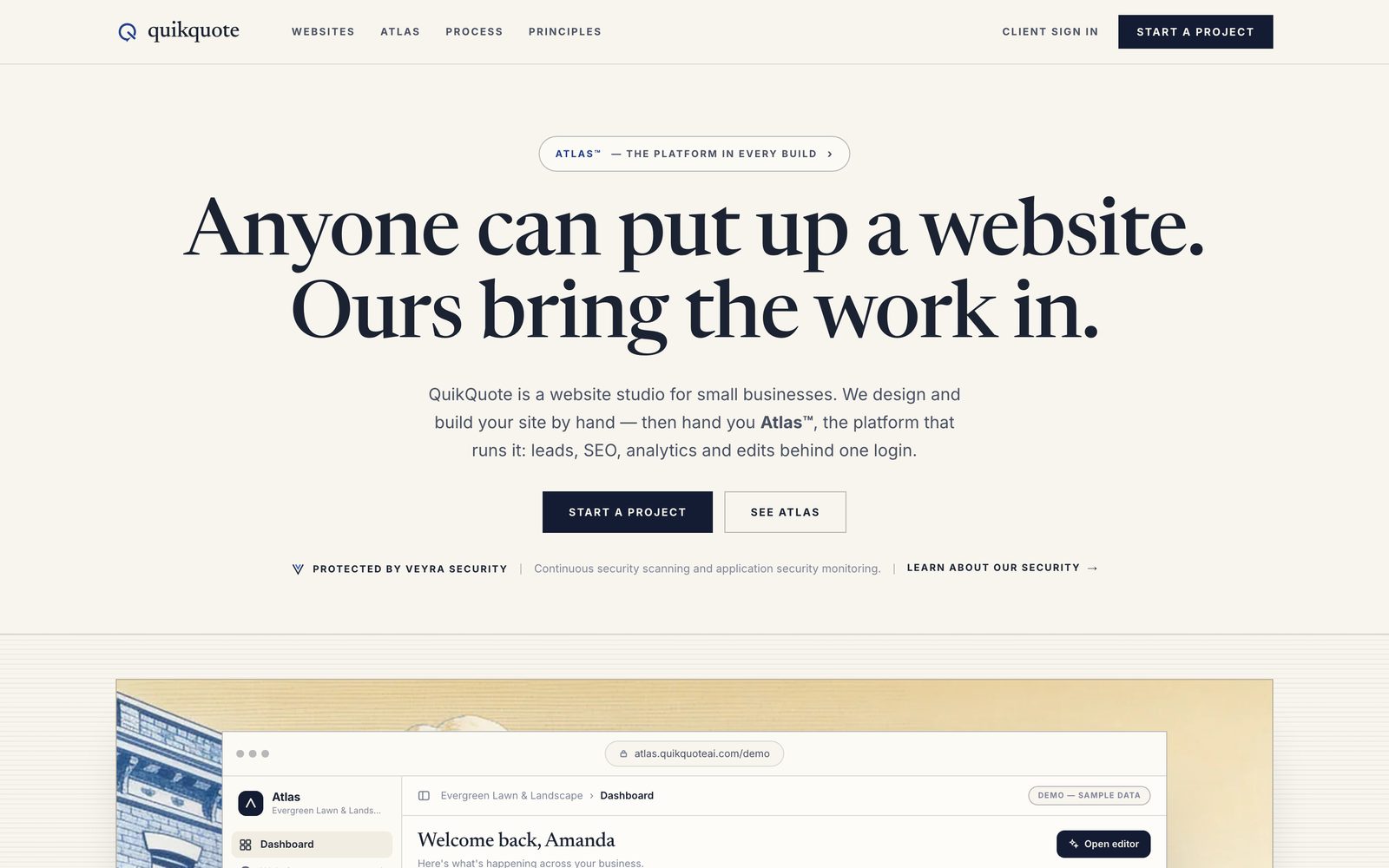 The QuikQuoteAI homepage — “Anyone can put up a website. Ours bring the work in.”
