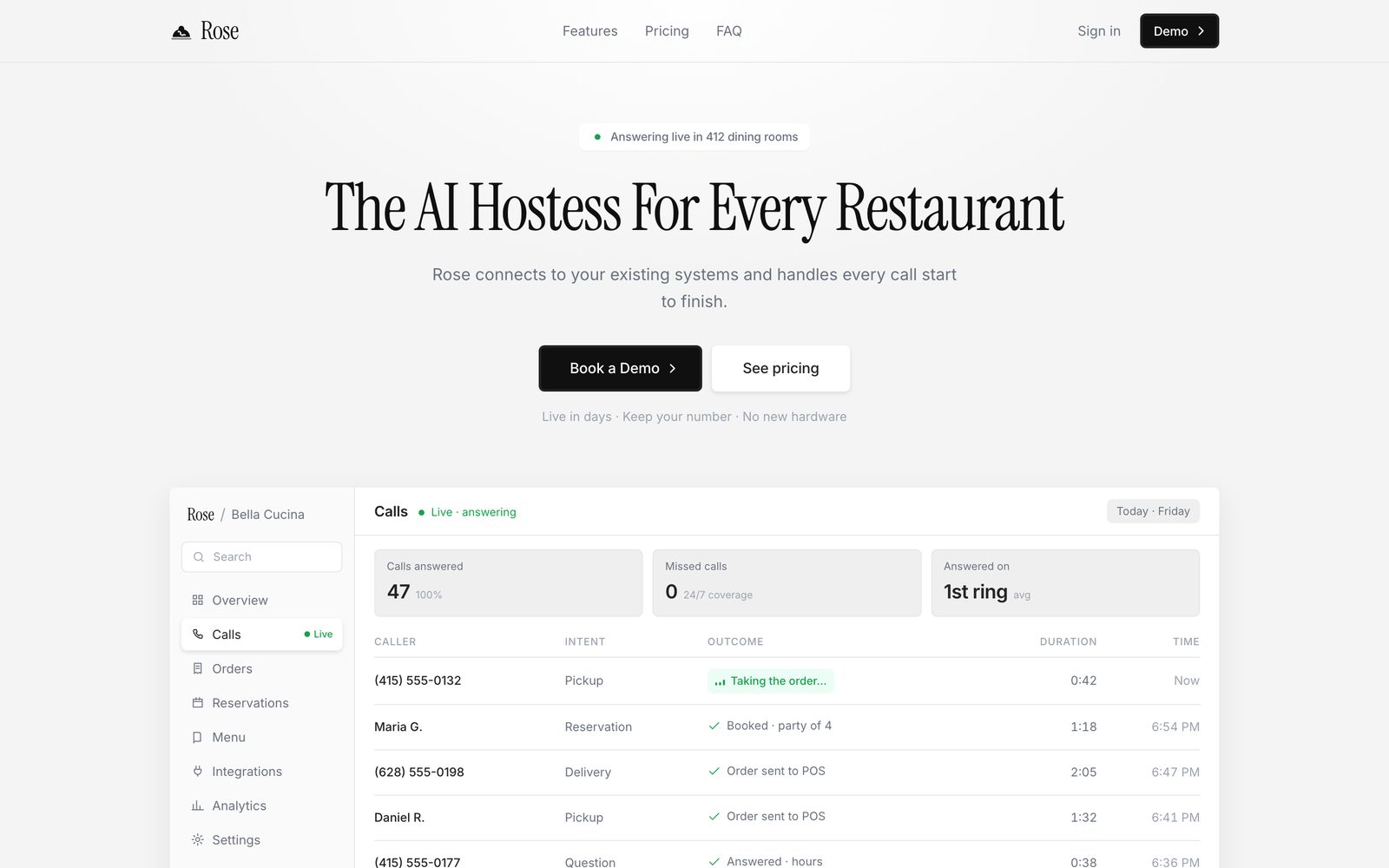 The Rose homepage — “The AI hostess for every restaurant”
