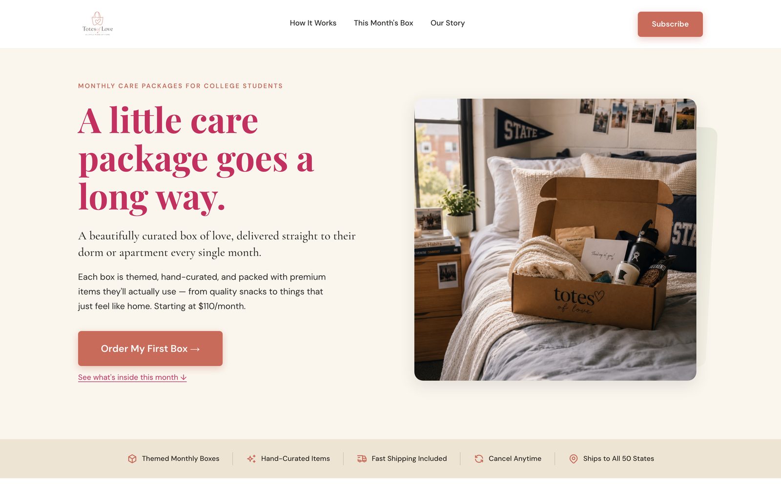 The Totes of Love homepage — “A little care package goes a long way”